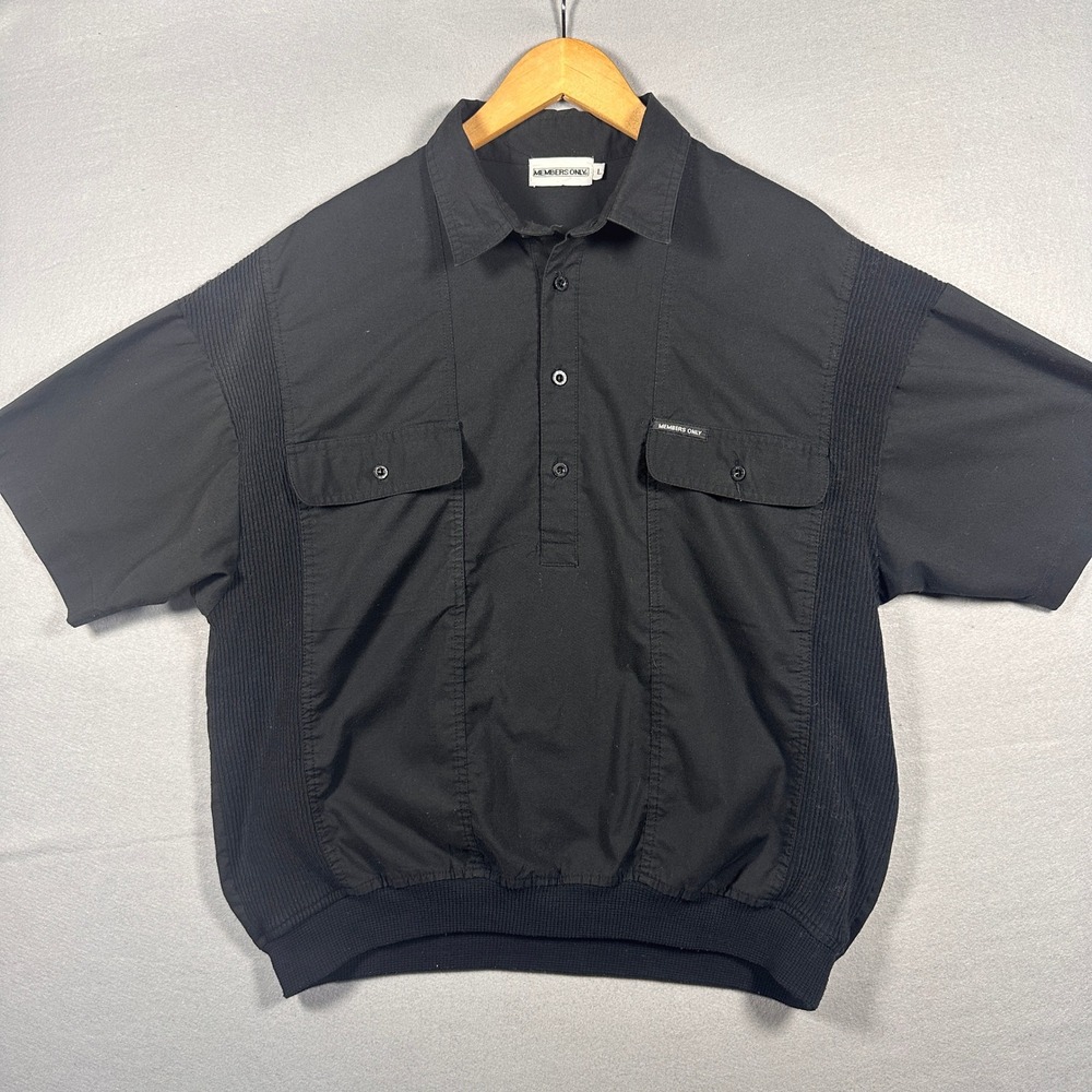 Vintage 80s-90s Members Only Mens L Black Woven Pullover Shirt Side Knit Panels